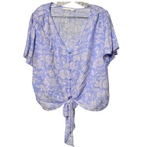 Lush Blue Floral Paisley Tie Front V-Neck Button Blouse XXL Short Flutter Sleeve
